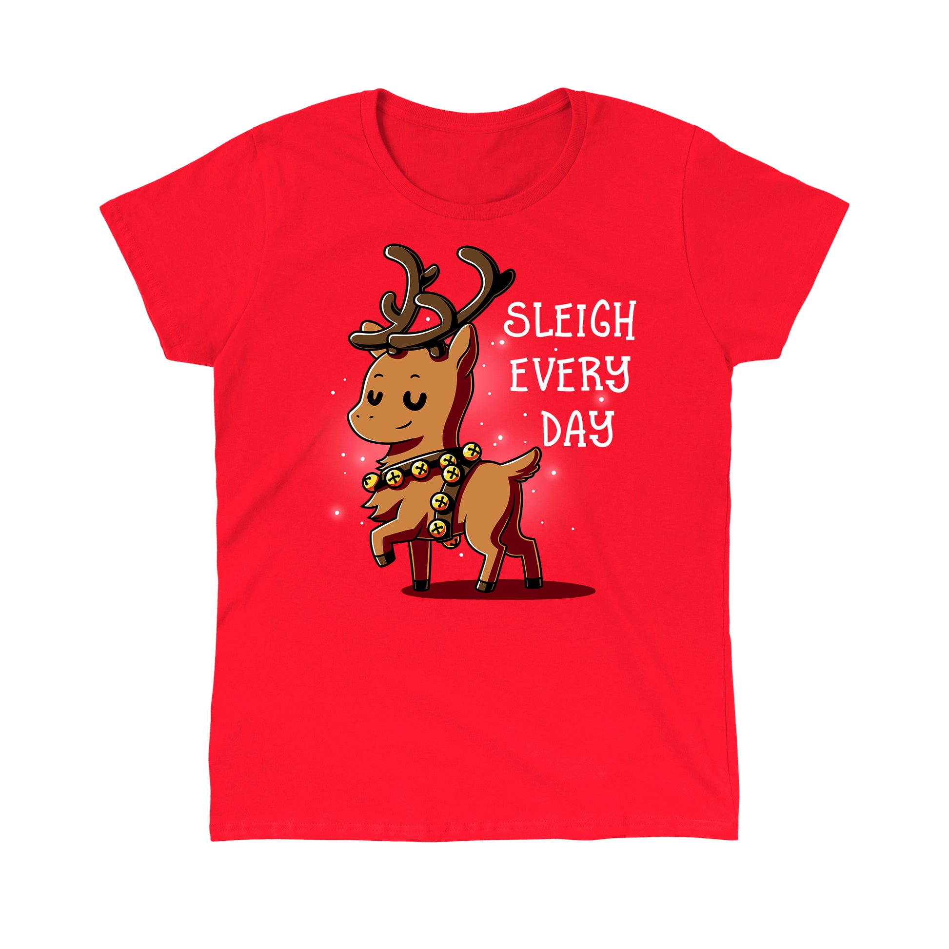 Classic Cotton T-shirt_TeeTurtle Sleigh Every Day red t-shirt featuring a sassy reindeer wearing bell harness with a Christmas pun next to it.