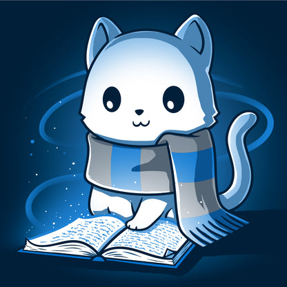 Crew Neck Sweater_TeeTurtle navy blue Smart Kitty. Featuring a white cat with a blue and silver striped scarf reading a book.