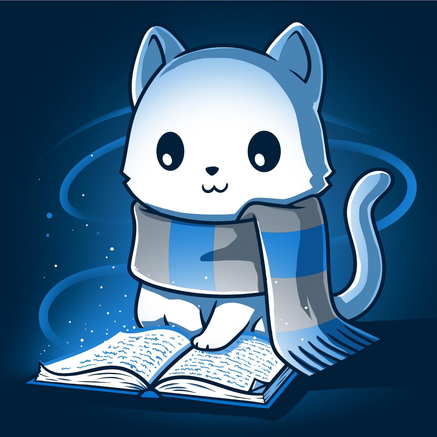 Pullover Hoodie_TeeTurtle navy blue Smart Kitty. Featuring a white cat with a blue and silver striped scarf reading a book.