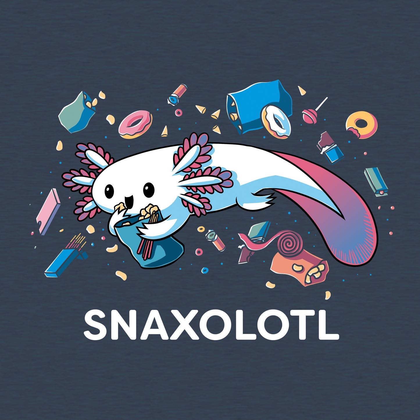 Classic Cotton T-shirt_Teeturtle Snaxolotl heather navy t-shirt featuring an axolotl surrounded by various floating snacks with the word "SNAXOLOTL" below.