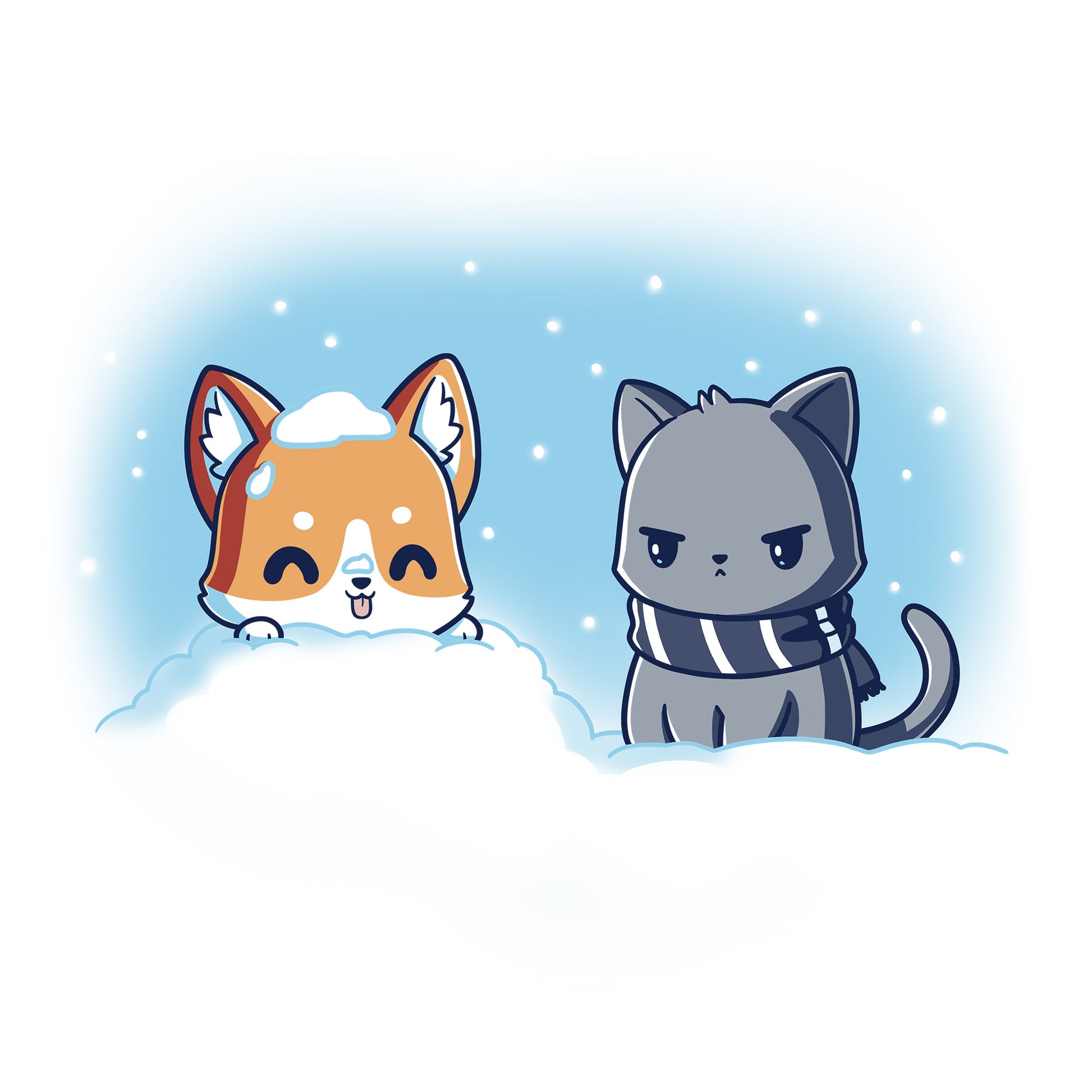 Classic Cotton T-shirt_Teeturtle Snow Pals White t-shirt featuring a puppy poking its head out of a snow mound with its tongue sticking out while an unamused cat in a striped woolen scarf looks on.