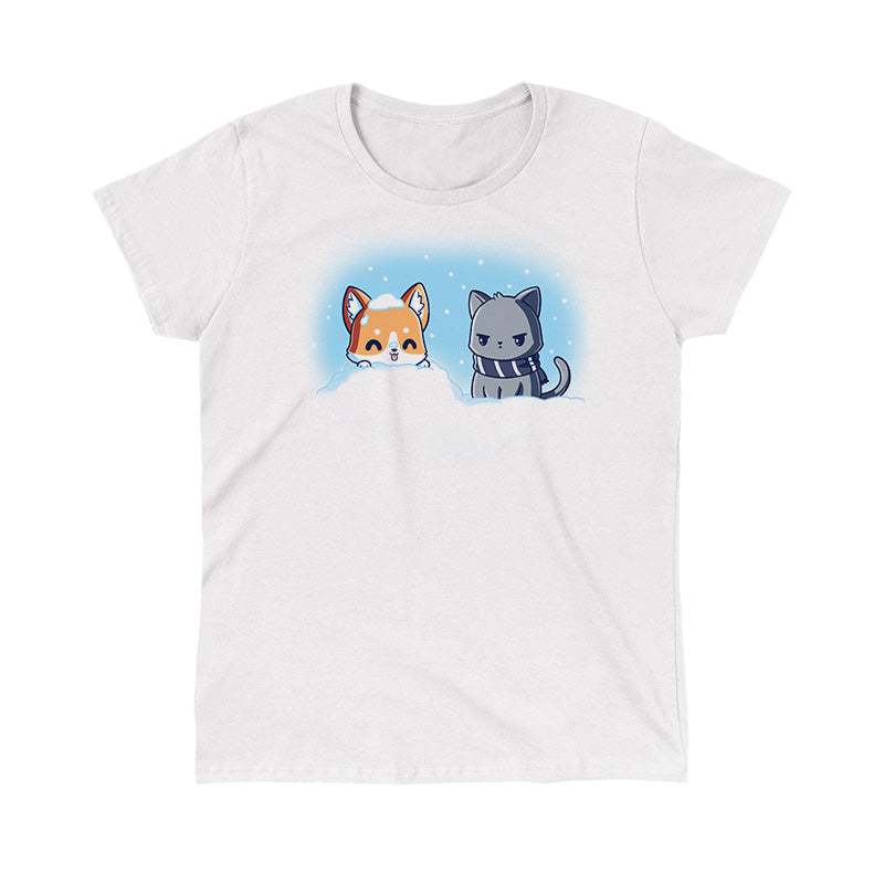 Classic Cotton T-shirt_Teeturtle Snow Pals White t-shirt featuring a puppy poking its head out of a snow mound with its tongue sticking out while an unamused cat in a striped woolen scarf looks on.