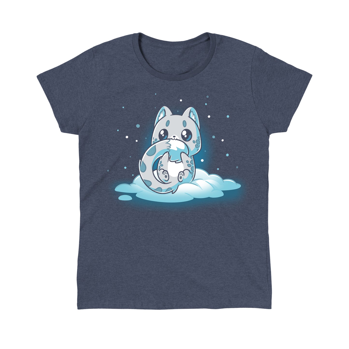 Classic Cotton T-shirt_TeeTurtle Snuggly Snow Leopard Heather Navy t-shirt featuring a cartoon-style baby snow leopard with large eyes sitting on a cloud, hugging its tail, against a dark background with falling snowflakes. 