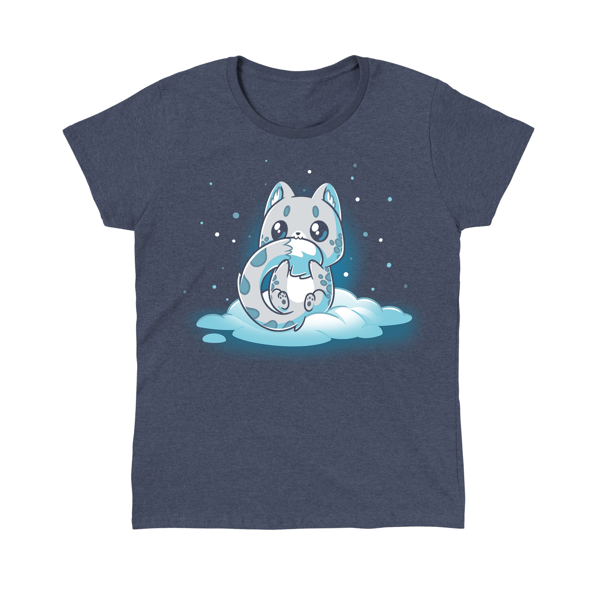 Classic Cotton T-shirt_TeeTurtle Snuggly Snow Leopard Heather Navy t-shirt featuring a cartoon-style baby snow leopard with large eyes sitting on a cloud, hugging its tail, against a dark background with falling snowflakes. 