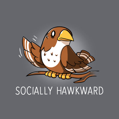 Classic Cotton T-shirt_Teeturtle Socially Hawkward Charcoal Gray Featuring a Hawk sitting on a branch looking nervous as it waves its wing awkwardly.