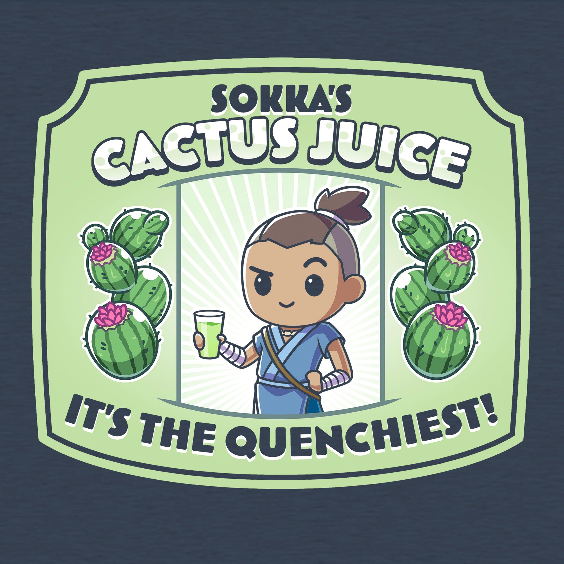Classic Cotton T-shirt_TeeTurtle heather navy blue Sokka's Cactus Juice featuring a label with a drawing of two cactuses, Sokka from Avatar: The Last Airbender holding a glass full of green liquid, and text that says "Sokka's Cactus Juice" at the top and "It's the quenchiest!" at the bottom. 