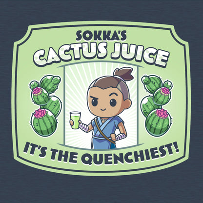 Classic Cotton T-shirt_TeeTurtle heather navy blue Sokka's Cactus Juice featuring a label with a drawing of two cactuses, Sokka from Avatar: The Last Airbender holding a glass full of green liquid, and text that says "Sokka's Cactus Juice" at the top and "It's the quenchiest!" at the bottom. 