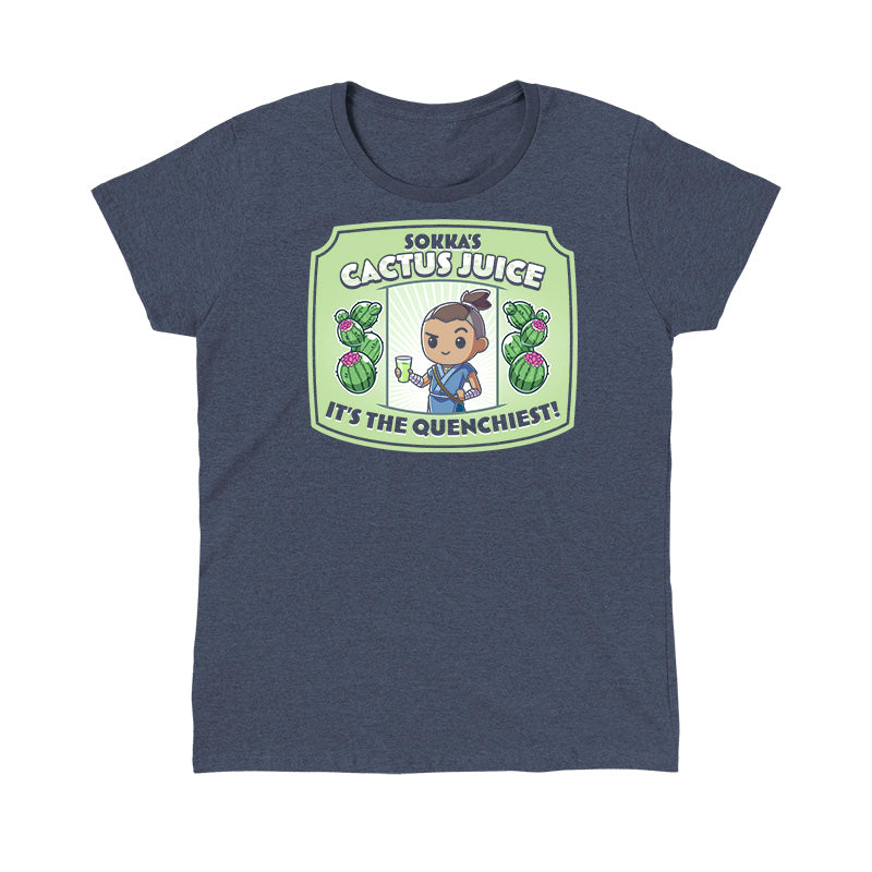 Classic Cotton T-shirt_TeeTurtle heather navy blue Sokka's Cactus Juice featuring a label with a drawing of two cactuses, Sokka from Avatar: The Last Airbender holding a glass full of green liquid, and text that says "Sokka's Cactus Juice" at the top and "It's the quenchiest!" at the bottom. 