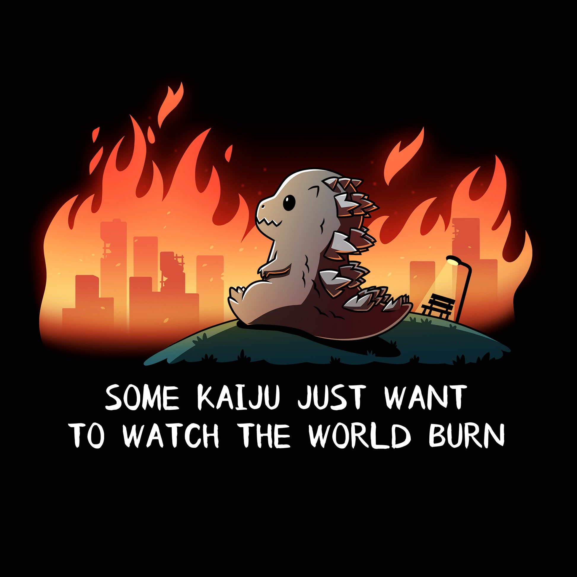 Classic Cotton T-shirt_TeeTurtle black Some Kaiju Just Want to Watch the World Burn apparel featuring a happy Godzilla sitting on a hill watching a burning city in the distance, and the caption, “Some Kaiju Just Want to Watch the World Burn“.