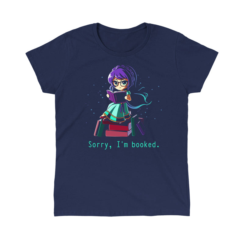 Classic Cotton T-shirt_TeeTurtle navy blue Sorry I'm Booked]. Featuring a girl sitting on a pile of books reading.