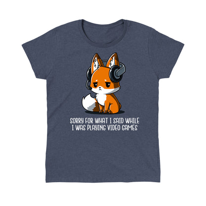 Classic Cotton T-shirt_Teeturtle Sorry For What I Said heather navy t-shirt featuring a fox wearing a headset looking apologetic with the text "Sorry for what I said while I was playing video games" written below.