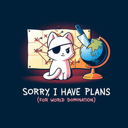 Classic Cotton T-shirt_TeeTurtle Sorry, I Have Plans navy blue t-shirt featuring a cat with an eyepatch, sitting in front of a map and globe with a knife.