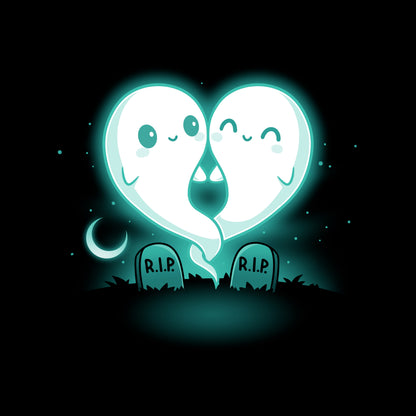 Classic Cotton T-shirt_TeeTurtle Soulmates black t-shirt featuring two glowing ghost figures, forming a heart shape, float above two gravestones that read "R.I.P."