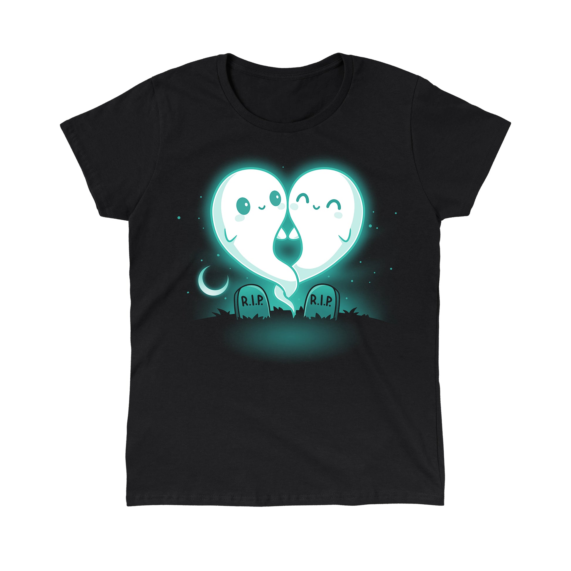 Classic Cotton T-shirt_TeeTurtle Soulmates black t-shirt featuring two glowing ghost figures, forming a heart shape, float above two gravestones that read "R.I.P."