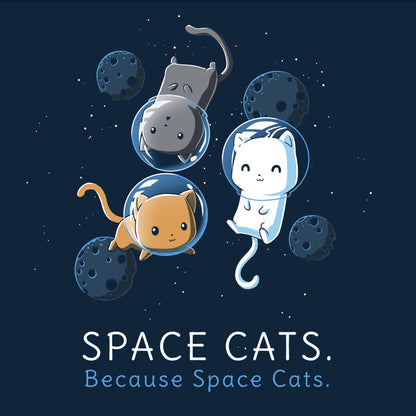 Classic Cotton T-shirt_TeeTurtle Space Cats navy blue t-shirt featuring an orange, white, and gray cat wearing air helmets floating in space surrounded by blue moons looking content with the words "SPACE CATS. Because Space Cats." written below.