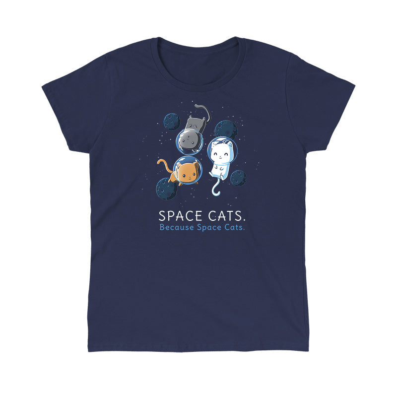 Classic Cotton T-shirt_TeeTurtle Space Cats navy blue t-shirt featuring an orange, white, and gray cat wearing air helmets floating in space surrounded by blue moons looking content with the words "SPACE CATS. Because Space Cats." written below.