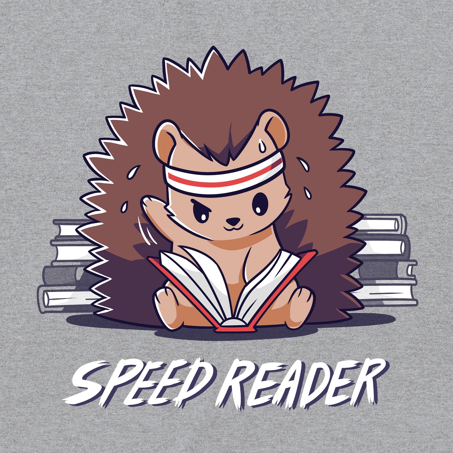 Classic Cotton T-shirt_TeeTurtle Speed Reader heather gray t-shirt featuring a sweating hedgehog in a sweatband rapidly reading books with the words 'Speed Reader' below.