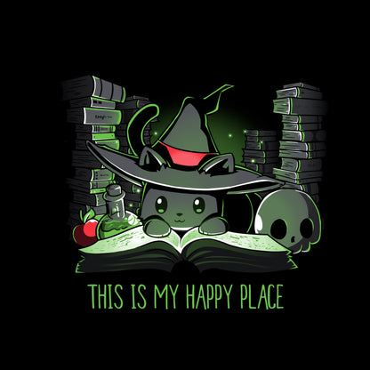 Classic Cotton T-shirt_TeeTurtle black Spellbound. Featuring a black cat wearing a witch hat surrounded by spellbooks and witchcraft paraphernalia.