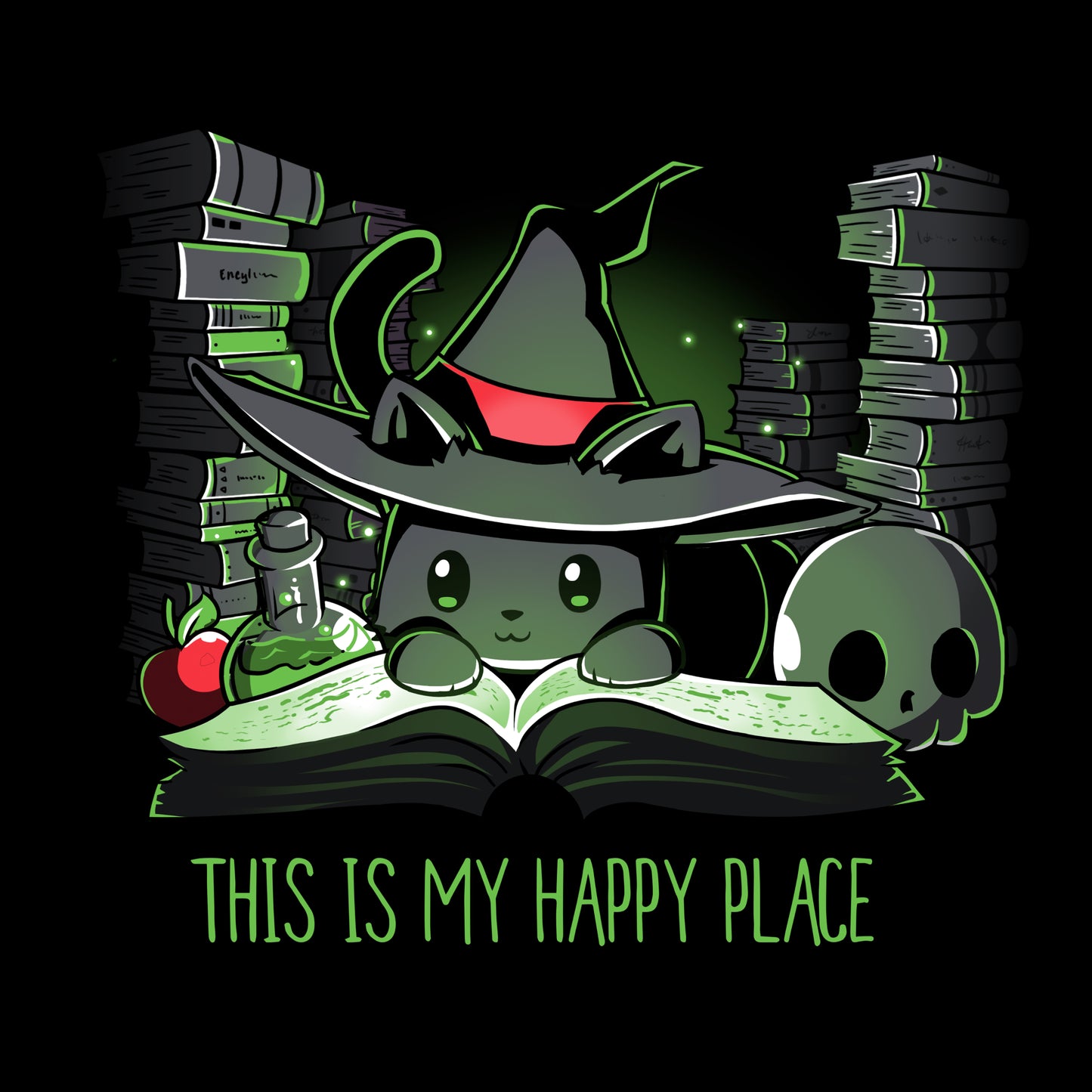 Classic Cotton T-shirt_TeeTurtle black Spellbound. Featuring a black cat wearing a witch hat surrounded by spellbooks and witchcraft paraphernalia.