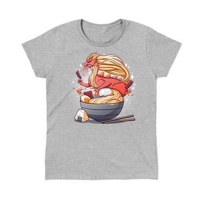 Classic Cotton T-shirt_TeeTurtle Spicy Ramen Dragon heather gray t-shirt featuring a red dragon made of noodles emerging from a bowl of ramen, with chopsticks on the side and a rice ball next to the bowl.