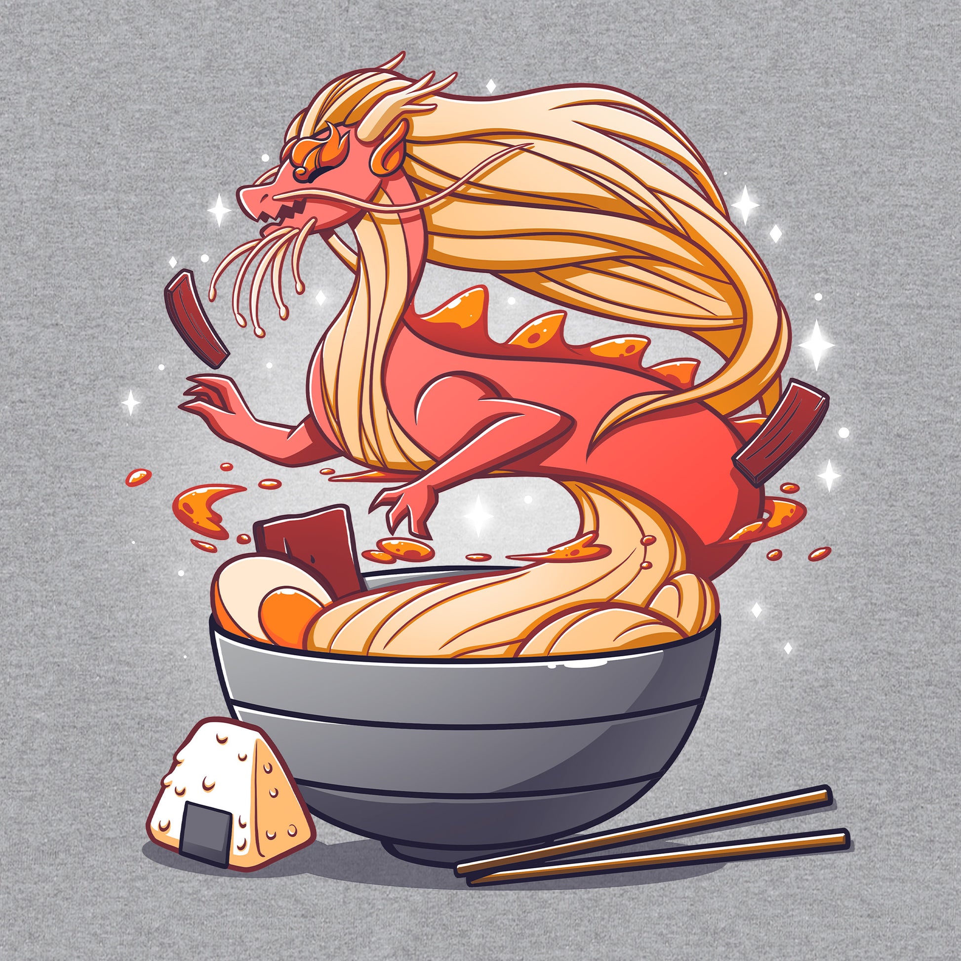 Classic Cotton T-shirt_TeeTurtle Spicy Ramen Dragon heather gray t-shirt featuring a red dragon made of noodles emerging from a bowl of ramen, with chopsticks on the side and a rice ball next to the bowl.