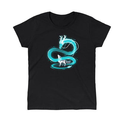 Classic Cotton T-shirt_A glowing blue dragon spirals above a gray wolf, who looks upward in a black background. Both creatures are enveloped in an ethereal light, creating a mystical Spirit of the Moon scene on this super soft ringspun cotton black apparel by monsterdigital.