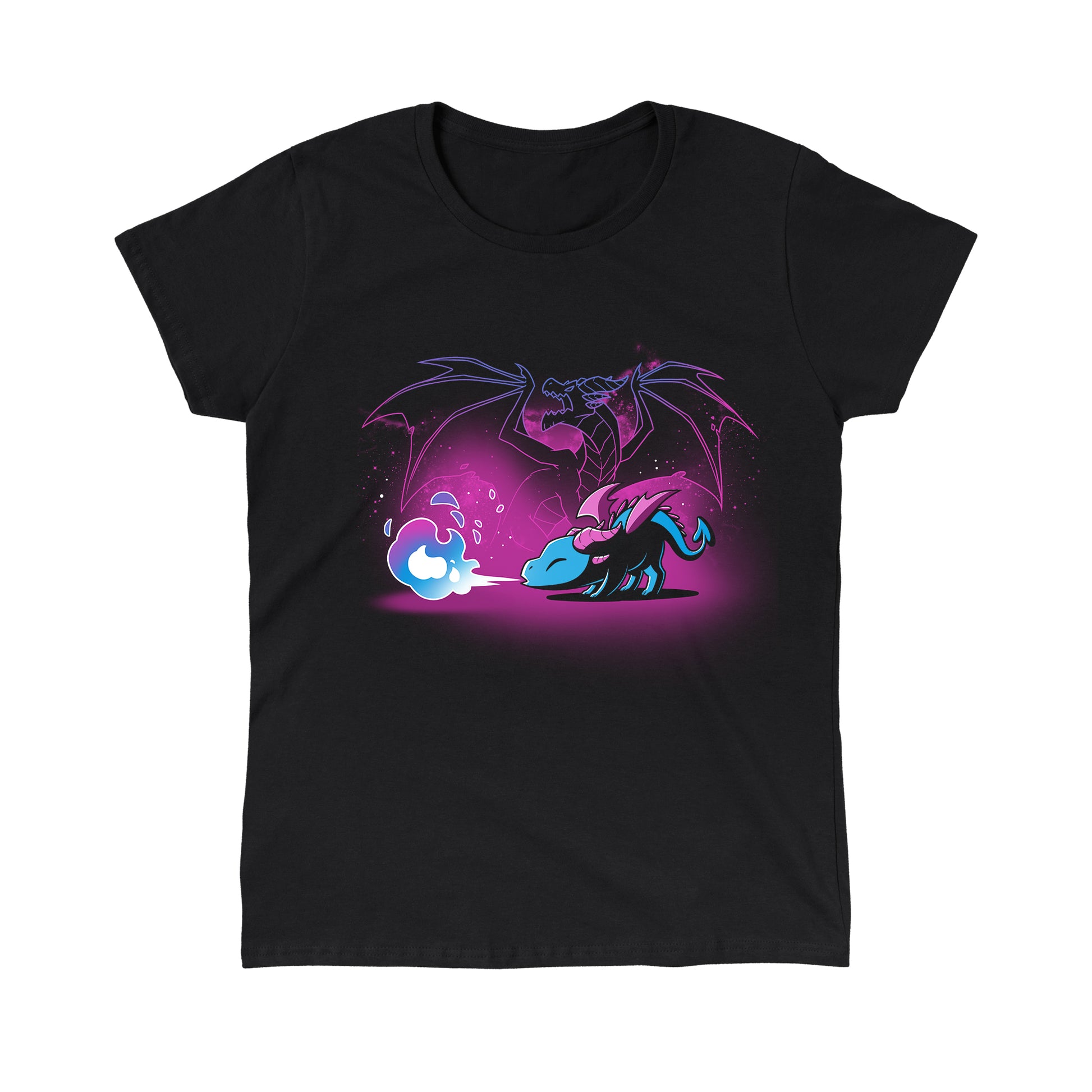 Classic Cotton T-shirt_TeeTurtle Spirit of the Dragon black t-shirt featuring a shiny magical little dragon breathing blue and purple fire with a silhouette of a big fierce dragon behind them.