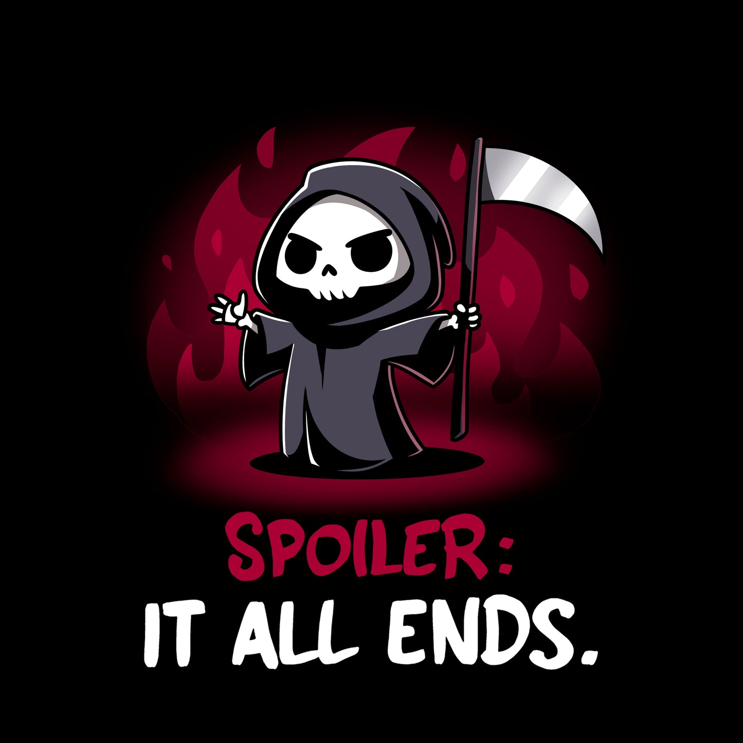 Pullover Hoodie_TeeTurtle Spoiler: It All Ends. black design featuring a dark and dangerous Grim Reaper in front of red flames.