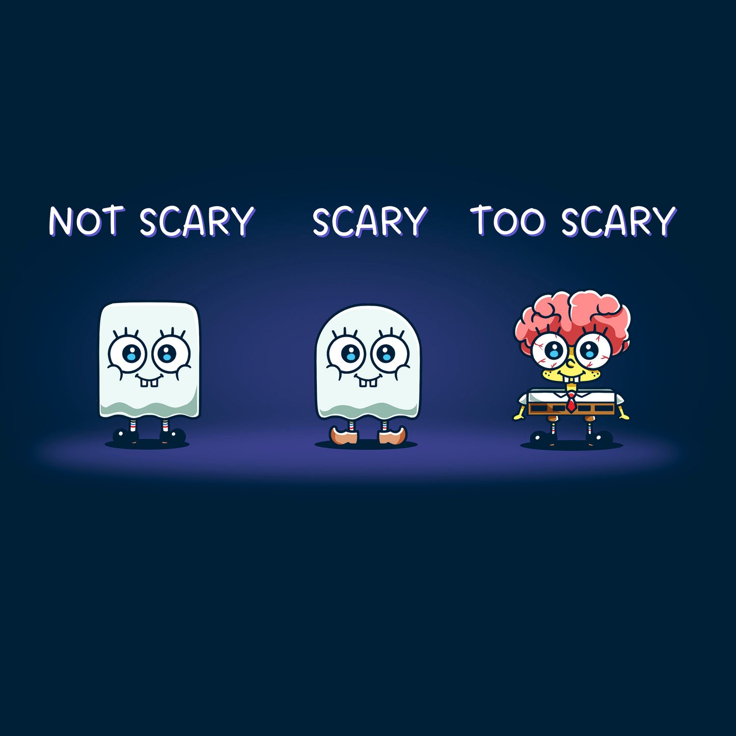 Long Sleeve T-shirt_TeeTurtle navy blue SpongeBob Scariness Range apparel featuring SpongeBob SquarePants in the Halloween costumes of: a sheet ghost with a square outline with the caption, “Not Scary“, a sheet ghost with a rounded outline with the caption, “Scary“, and missing some parts of his head so that his brain is exposed with the caption, “Too Scary“.