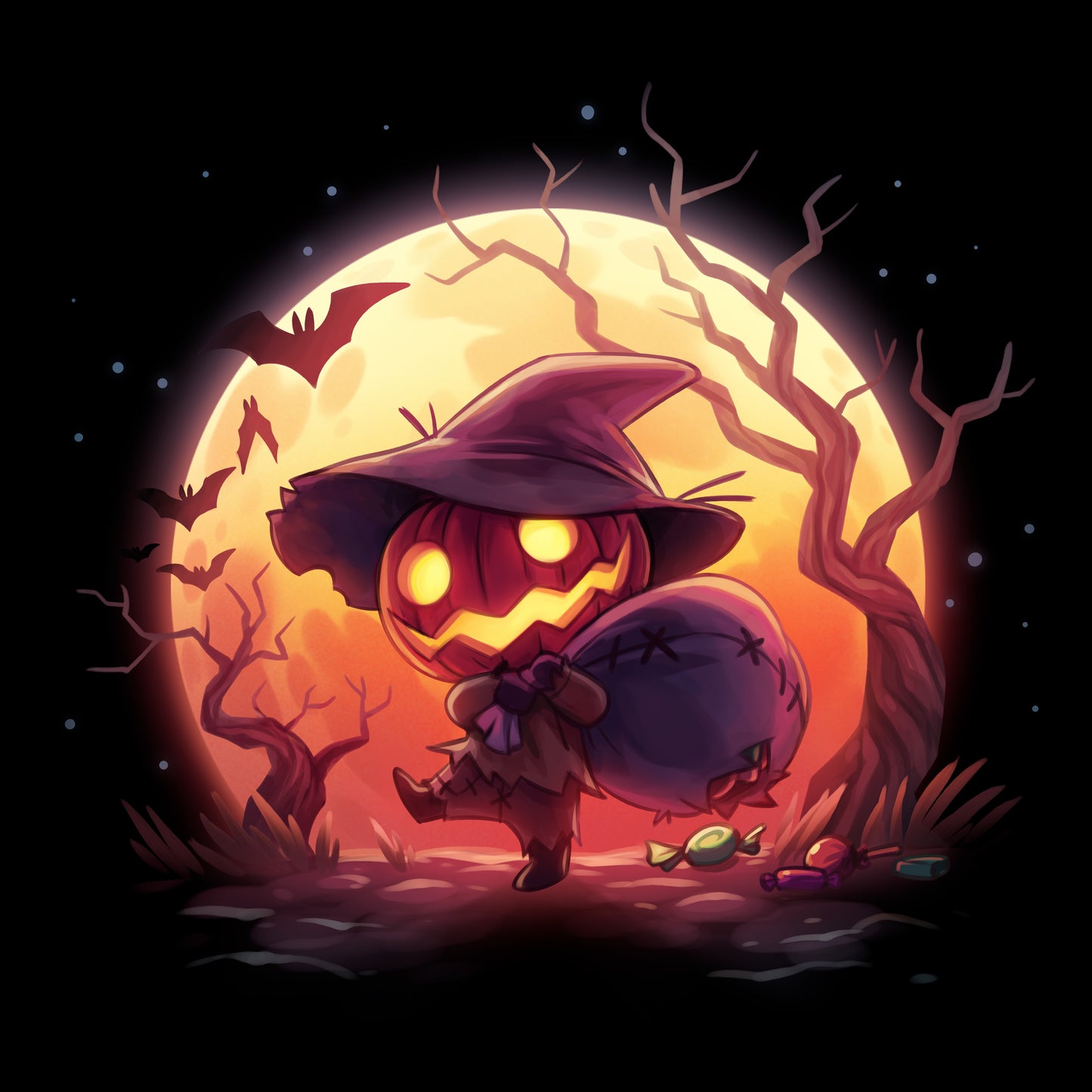 Classic Cotton T-shirt_TeeTurtle black Spooky Scarecrow featuring a pumpkin scarecrow in a spooky forest carrying a torn sack of Halloween candy.