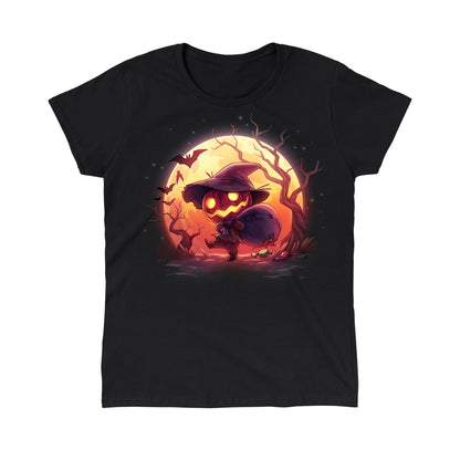 Classic Cotton T-shirt_TeeTurtle black Spooky Scarecrow featuring a pumpkin scarecrow in a spooky forest carrying a torn sack of Halloween candy.