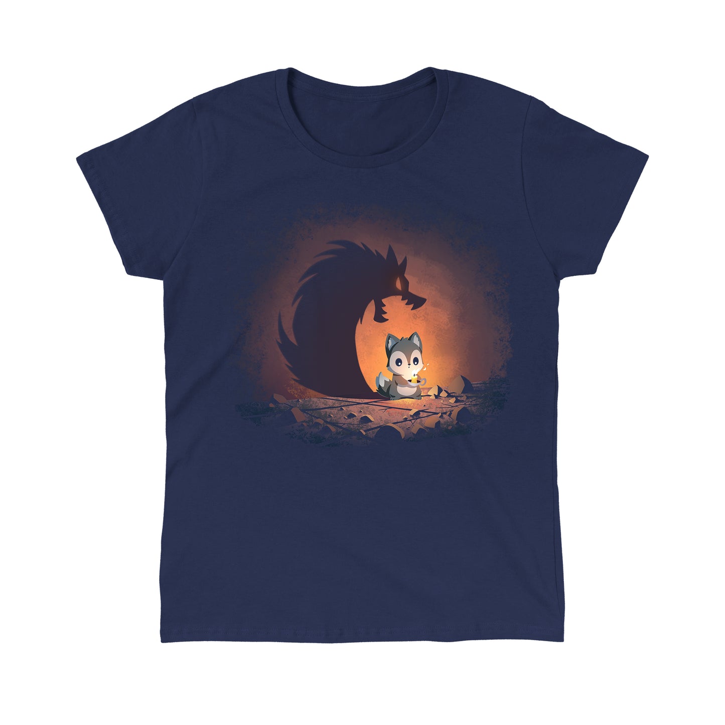 Classic Cotton T-shirt_TeeTurtle navy blue Spooky Shadow apparel featuring a wolf holding a candle with a shadow of a werewolf with its jaws open.