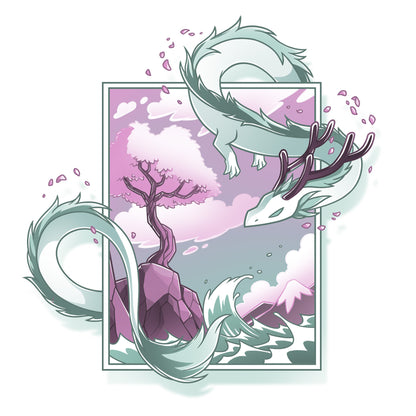 Classic Cotton T-shirt_TeeTurtle white Spring Blossom Dragon apparel featuring an artistic dragon surrounding a painting of a cherry blossom tree on a cliff next to the ocean.
