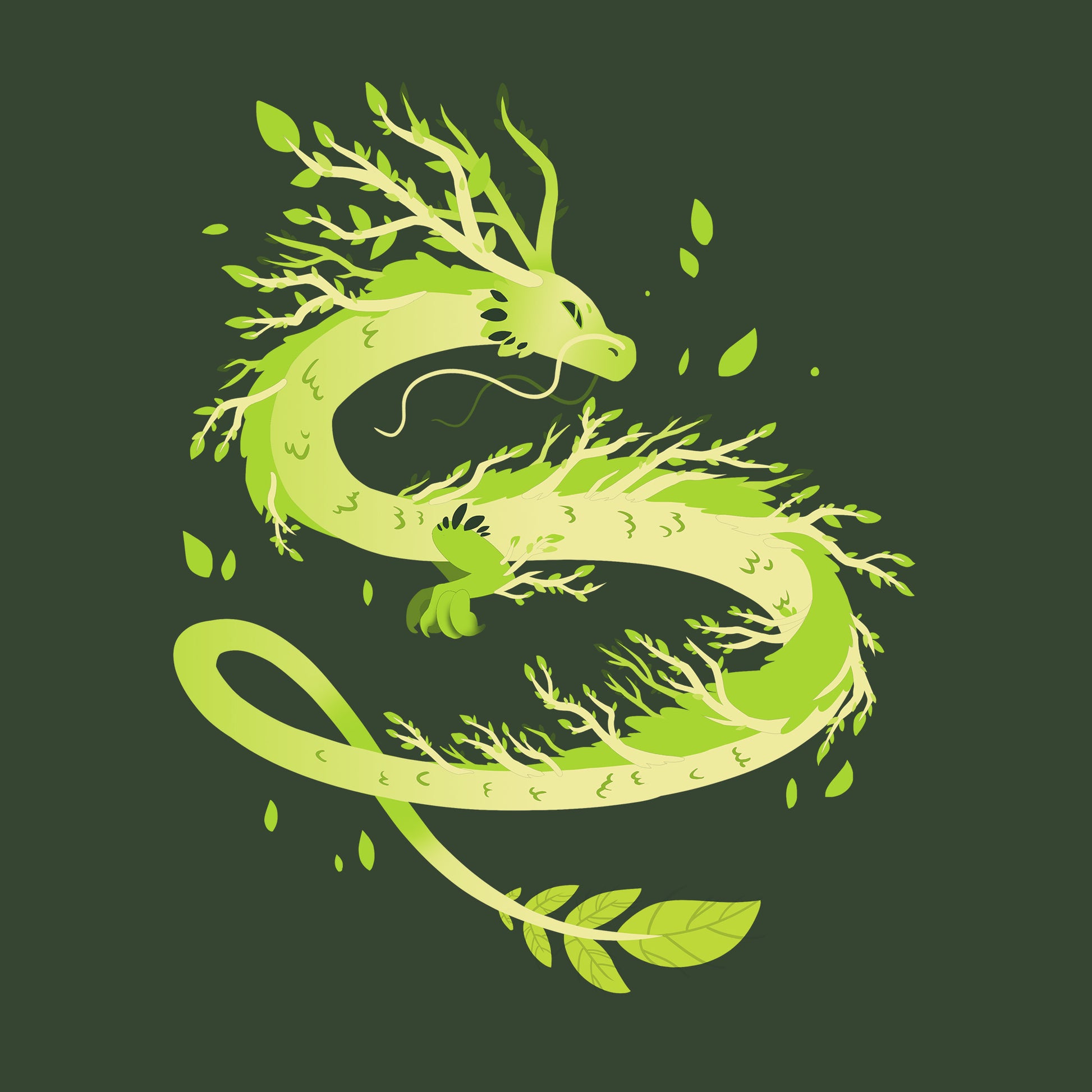 Premium Cotton T-shirt_TeeTurtle Spring Dragon forest green t-shirt featuring a dragon with leafy branches and vines emerging from its body.