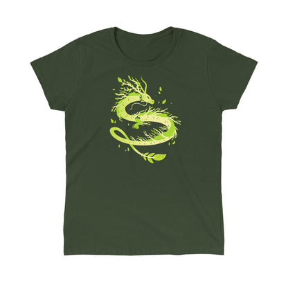 Classic Cotton T-shirt_TeeTurtle Spring Dragon forest green t-shirt featuring a dragon with leafy branches and vines emerging from its body.