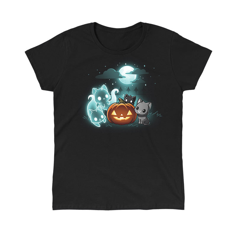 Classic Cotton T-shirt_TeeTurtle Spurrits of Halloween black t-shirt featuring two dark and dangerous ghost cats next to two grey cats watching them. They are surrounding a jack-o-lantern and there is a full moon with clouds behind them.