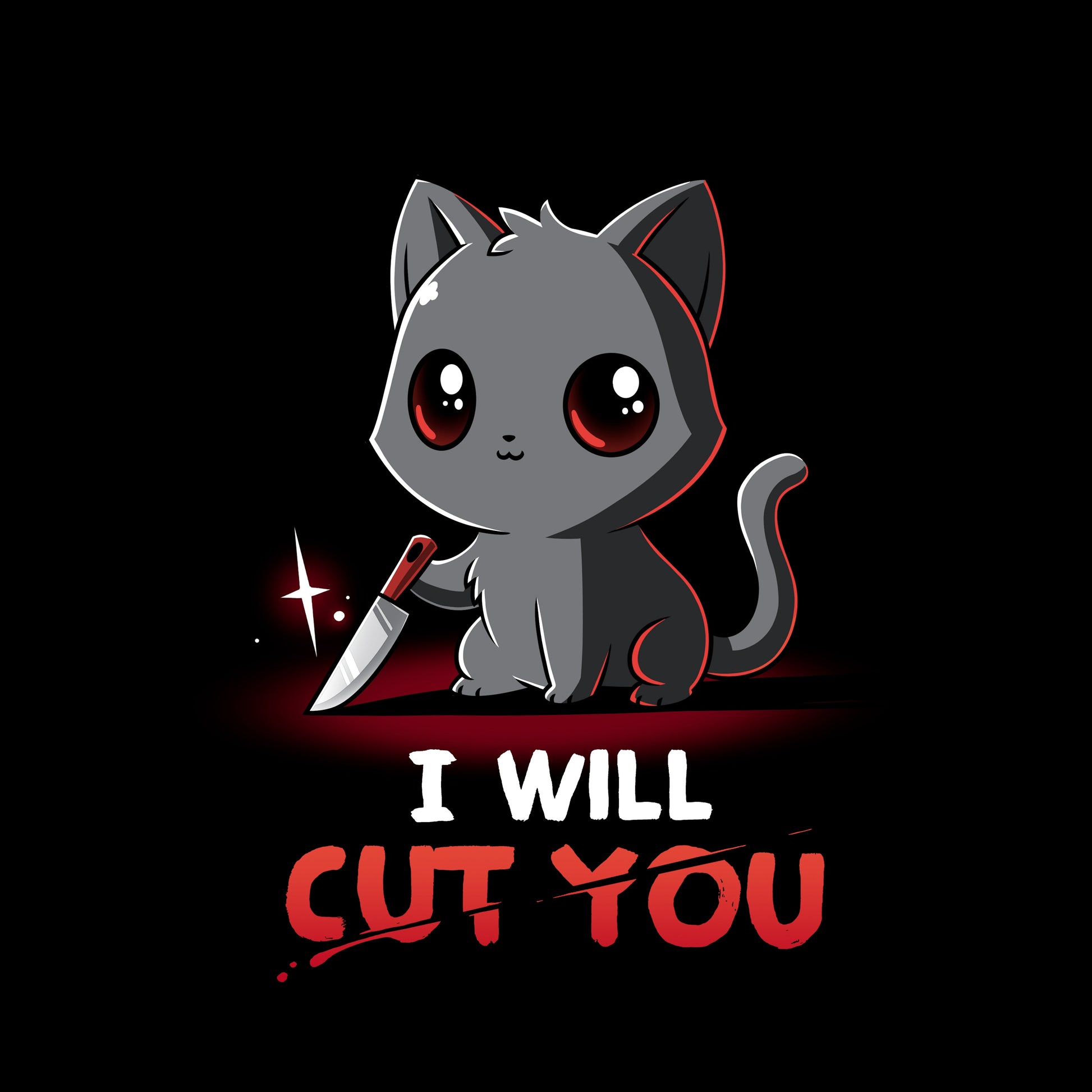 Crew Neck Sweatshirt_TeeTurtle Stabby The Kitty black t-shirt featuring a grey cat holding a small knife with text that reads "I Will Cut You."