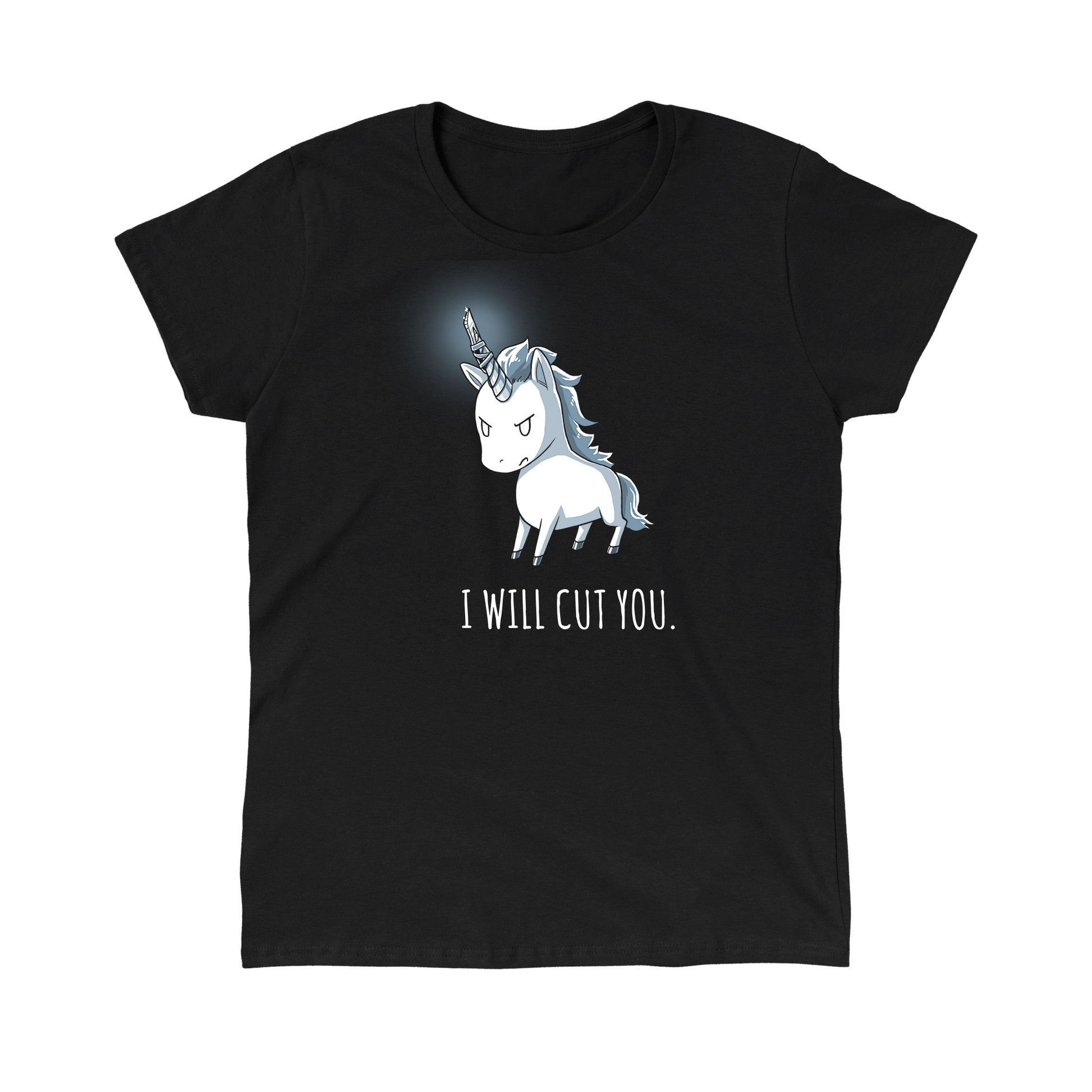 Classic Cotton T-shirt_Stabby the Unicorn, with an angry expression and a twisted horn, stands on a black background of this super soft ringspun cotton black apparel from monsterdigital. The text "I WILL CUT YOU" is written boldly below him.