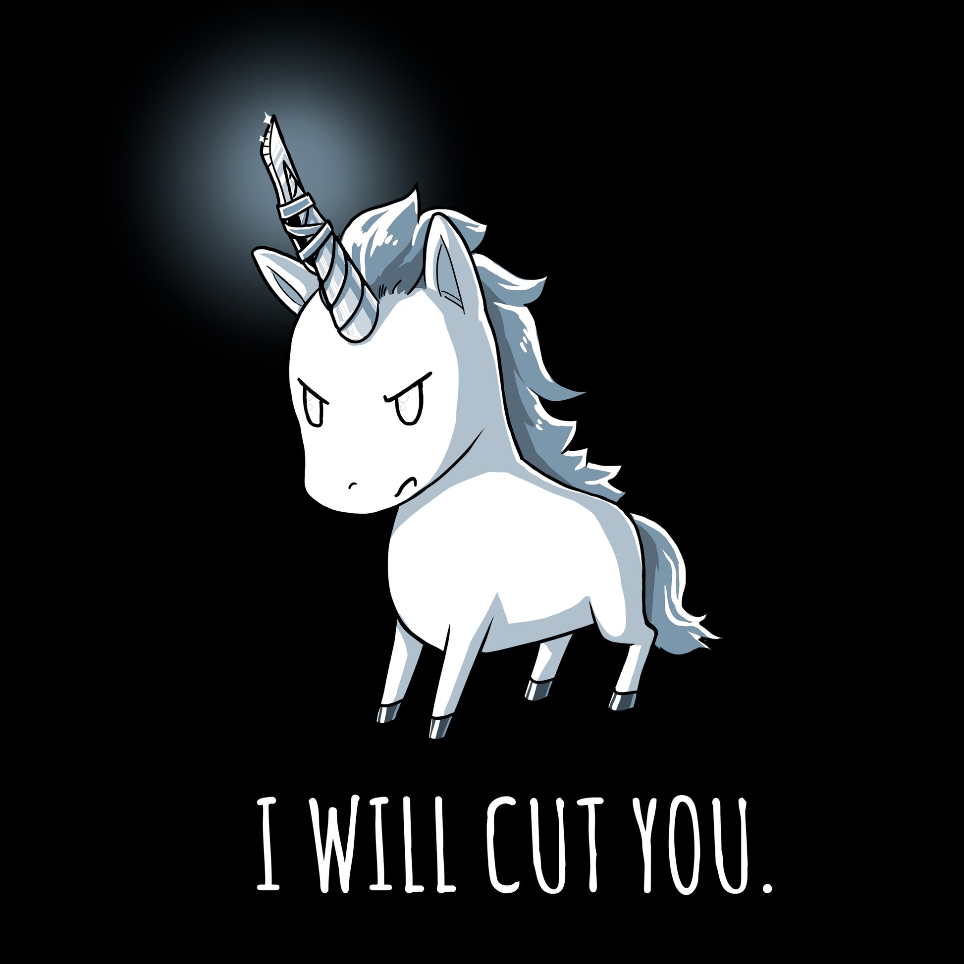 Classic Cotton T-shirt_Stabby the Unicorn, with an angry expression and a twisted horn, stands on a black background of this super soft ringspun cotton black apparel from monsterdigital. The text "I WILL CUT YOU" is written boldly below him.