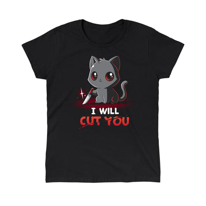 Classic Cotton T-shirt_TeeTurtle Stabby The Kitty black t-shirt featuring a grey cat holding a small knife with text that reads "I Will Cut You."