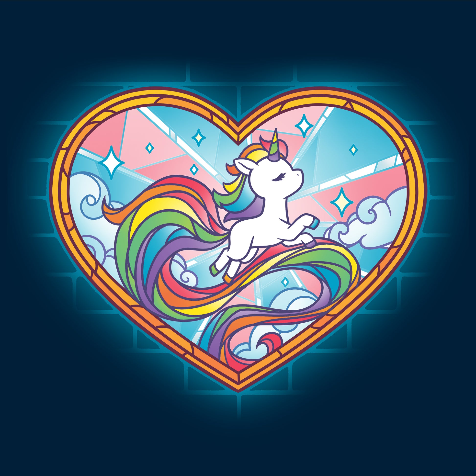 Long Sleeve T-shirt_TeeTurtle Stained Glass Unicorn navy blue t-shirt featuring an artistic pride unicorn with a long rainbow tail in a stained glass style heart with clouds and sparkles.