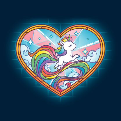 Classic Cotton T-shirt_TeeTurtle Stained Glass Unicorn navy blue t-shirt featuring an artistic pride unicorn with a long rainbow tail in a stained glass style heart with clouds and sparkles.