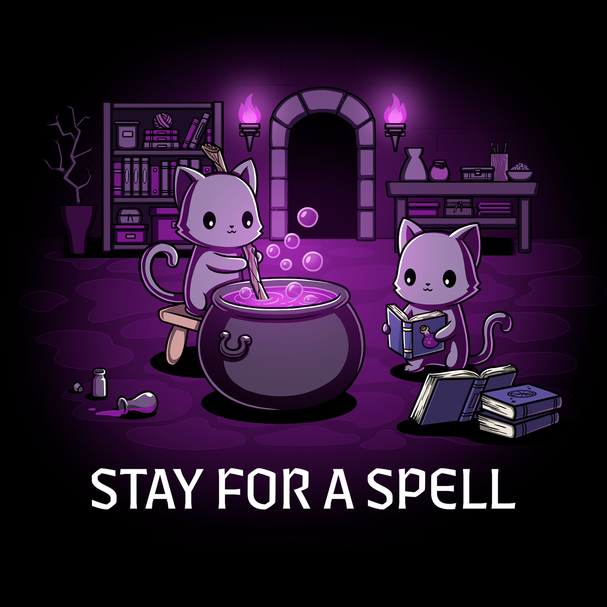 Classic Cotton T-shirt_TeeTurtle black Stay For A Spell apparel featuring two black cats in a spooky dungeon with one cat on a stool stirring a large cauldron, and the other cat reading from a pile of spell books with books, witchcraft accessories, and potion-making equipment in the background.