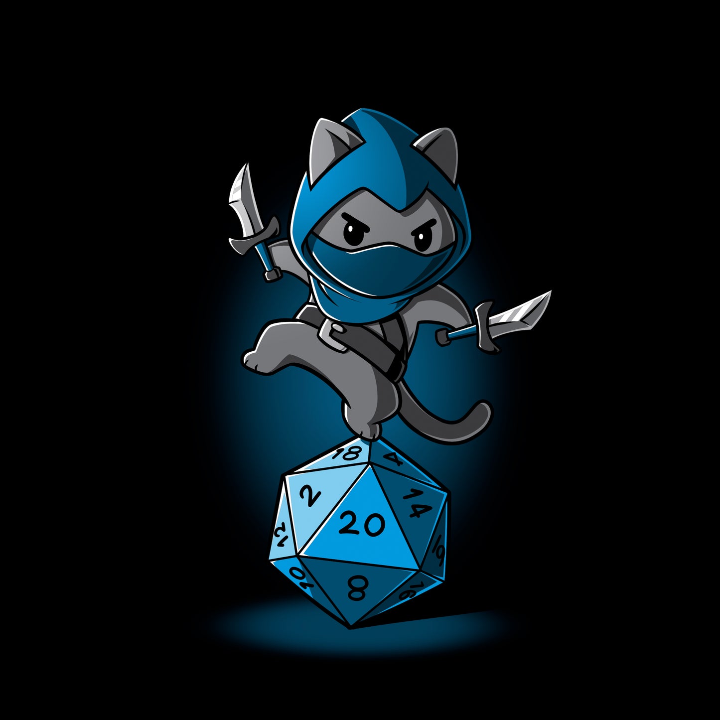 Classic Cotton T-shirt_TeeTurtle Stealth Check black t-shirt featuring a ninja cat holding two daggers, balancing on a large blue 20-sided die.