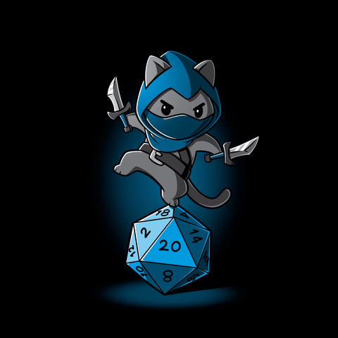 square-image-grid-Classic Cotton T-shirt_TeeTurtle Stealth Check black t-shirt featuring a ninja cat holding two daggers, balancing on a large blue 20-sided die.