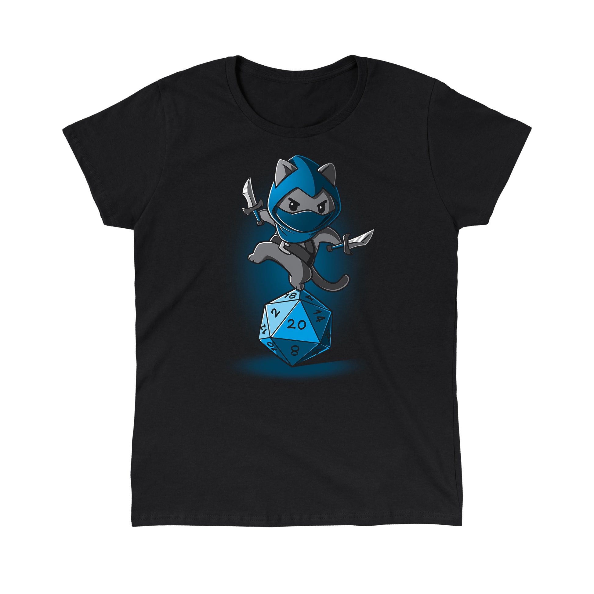 Classic Cotton T-shirt_TeeTurtle Stealth Check black t-shirt featuring a ninja cat holding two daggers, balancing on a large blue 20-sided die.