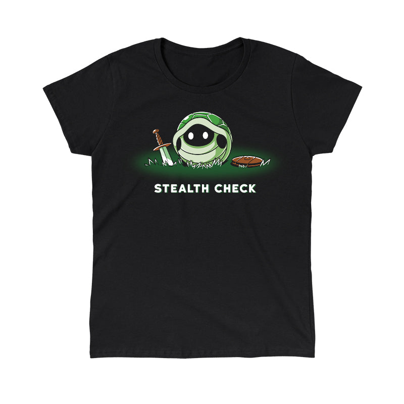 Classic Cotton T-shirt_TeeTurtle Stealth Check (Turtle) black t-shirt featuring a cartoon turtle shell with a fantasy sword and shield beside it and glowing white eyes inside the shell is accompanied by the text "Stealth Check".