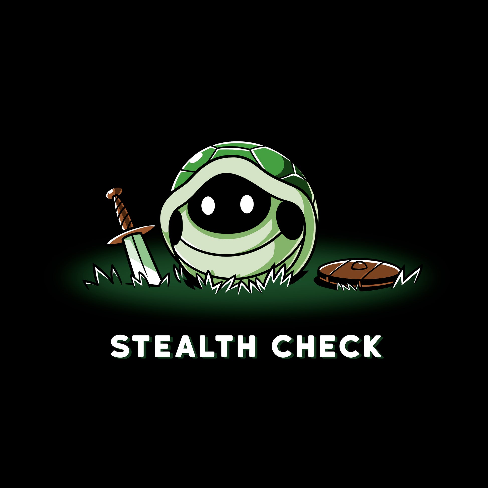 Classic Cotton T-shirt_TeeTurtle Stealth Check (Turtle) black t-shirt featuring a cartoon turtle shell with a fantasy sword and shield beside it and glowing white eyes inside the shell is accompanied by the text "Stealth Check".