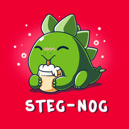 Classic Cotton T-shirt_TeeTurtle Steg-nog red t-shirt featuring a stegosaurus dinosaur drinking holiday egg nog with a pun underneath.