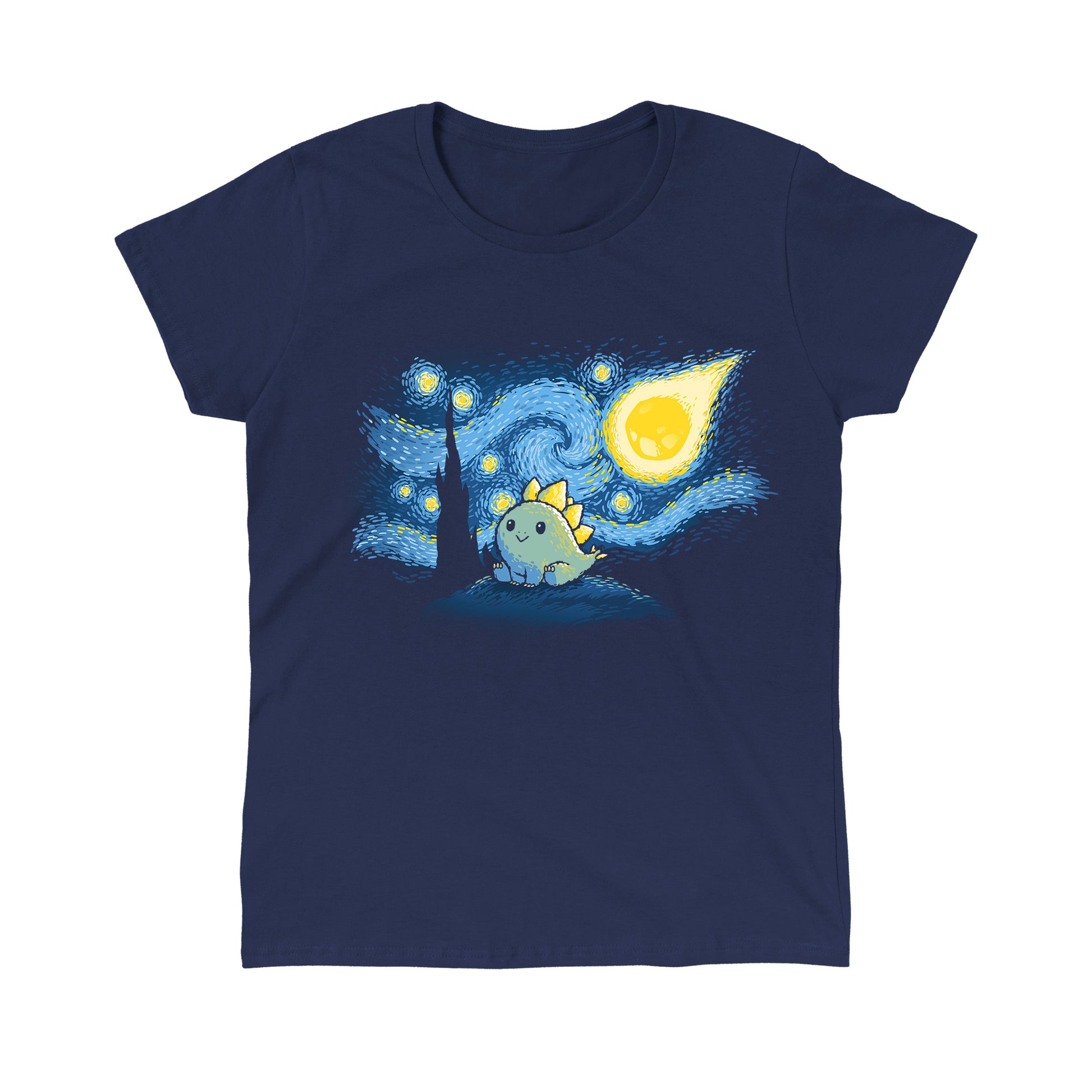 Classic Cotton T-shirt_TeeTurtle Stego Night navy blue t-shirt featuring an illustration of a cute dinosaur with stegosaurus-like plates, set against a "Starry Night"-inspired background.